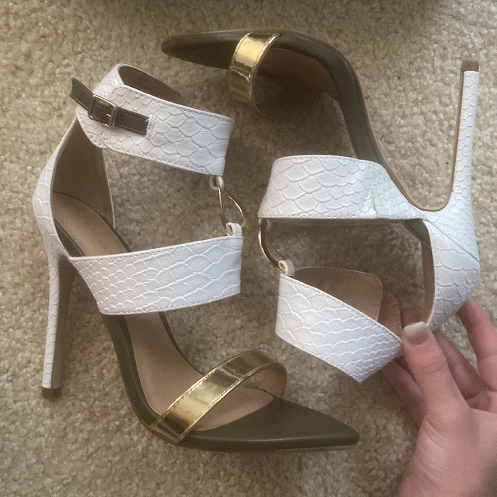 White Gold Statement Heel Sandals